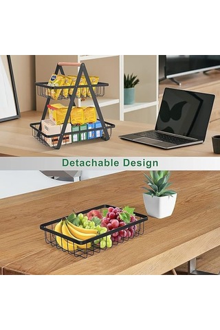 Geeroyoo Karbon Çelik Meyve Sepeti, 3 Katlı Siyah, Ahşap Saplı, Mutfak Ve Oturma Odası İçin Ekmek-meyve-atıştırmalık Depolama Sepeti Üç Katlı Siyah Meyve Kosusu