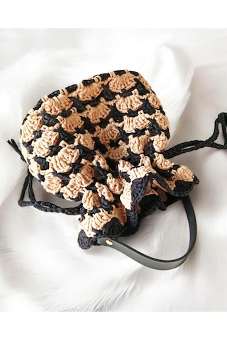 El Yapımı Rafya Çanta Bej Siyah Minimal Boho Yazlık Kadın El Çantası Bej - Siyah