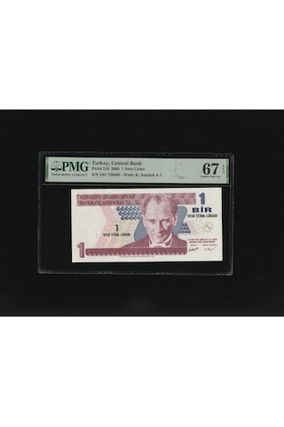 Bir Yeni Türk Lirası 1 Ytl P216 2005 Pmg 67 Epq Superb Gem Unc S/n A01 749500 8.ems 1. Tertip