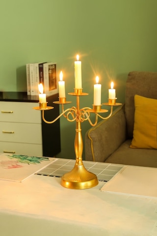 5 Gözlü Şık Restoran Düğün Şamdan Dekoratif Metal Mat Gold Mumluk Mt282sr Altın