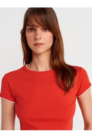 Dilvin 31750 Kontrast Kısa Kollu Tshirt-kırmızı Kirmizi