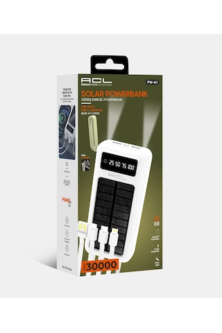 Acl Pw-61 30.000mah Güneş Enerjili Powerbank Beyaz 5 Cihaz Aynı Anda Şarj Usb-c & Lightning & Mi BEYAZ