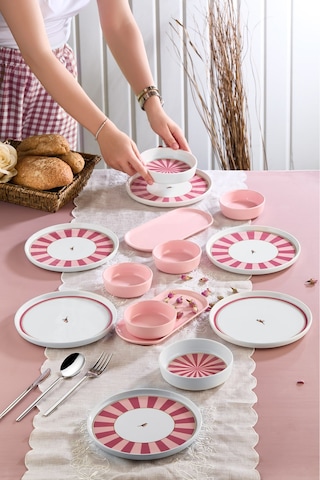 Kitchen Life 14 Parça 6 Kişilik Lovely Birds Kahvaltı Takımı-lüx Kahvaltılık Sunum Seti Tabağı Pembe