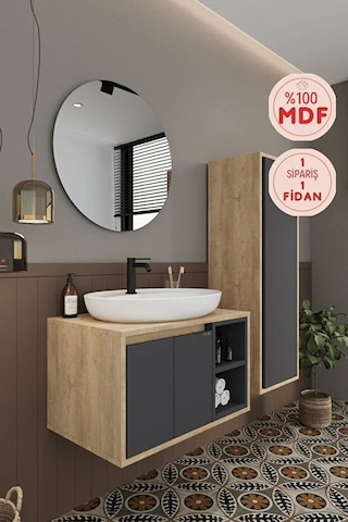 Gül 70 Cm %100 Mdf Lavabolu Banyo Dolabı Ayna Alt Dolap Lavabo Boy Dolabı Antrasit