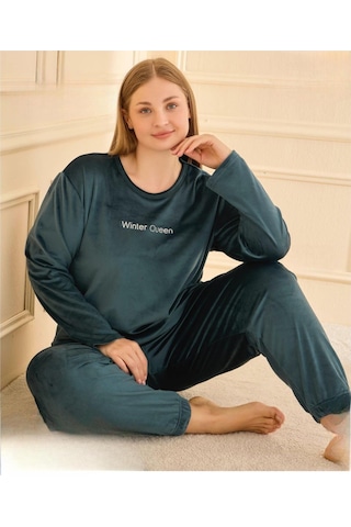 Mihra Kadın Kışlık Bisiklet Yaka Kadife Battal Pijama Takımı 132214p - 1 Adet Petrol