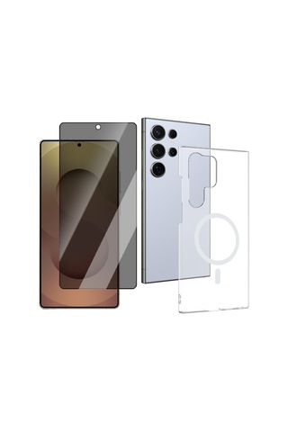 Vendas Samsung Uyumlu Galaxy S24 Ultra Kamera Korumalı M-safe Şarj Özellikli Şeffaf Zore London Sert Pc Kapak + Hayalet Ekran Koruyucu Şeffaf