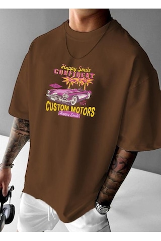 Custom Motor Baskılı Oversize Tişört Kahverengi