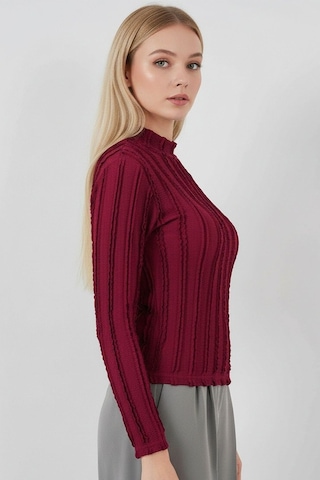 Hiccup Bdart Dokulu Slim Fit Dik Yaka Bluz Bordo Kırmızı