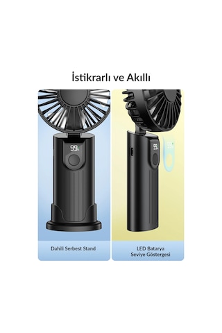 Warmco K38 Ekranlı 4 Kademeli El Vantilatörü 2400mah Şarjlı Taşınabilir Katlanabilir Standlı Boyun Askılı Soğutucu Fan Pembe