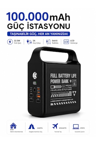 100000mah Powerbank 22.5w Hızlı Şarj Dahili Kablolu Lcd Ekranlı Led Fenerli 3a Taşınabilir Güç İstasyonu siyah