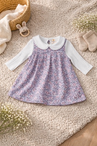 Uğur Bebe Yumuşacık Gri Renk Çiçekli Elbise & Bebe Yaka Fitilli Body Kombin %95 Pamuk Bayramlık Kız Çocuk Gri Gri