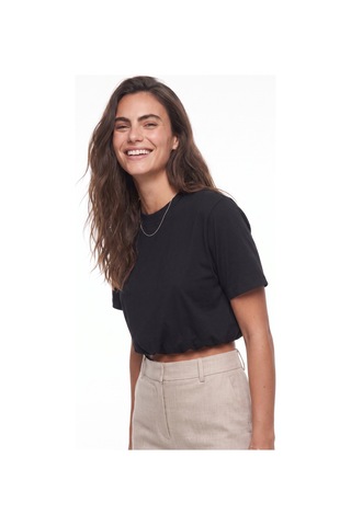 Onloox Kadın Siyah Siyah Viskon Karışımlı Bisiklet Yaka Kısa Kollu Balon Form Beli Lastikli Crop T-shirt