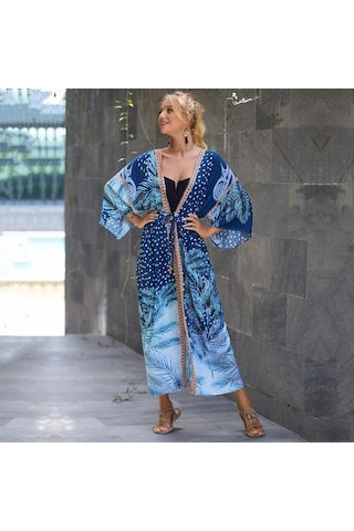 Edolynsa Bohem Mayo Cover Up Retro Şerit Kendinden Kuşaklı Kadın Yaz Giysileri Uzun Kimono Elbise Beachwear Bikini Kapak-ups Q1521 Mavi