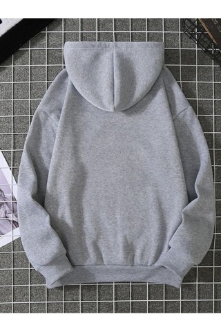 Yarım Kalp Sweatshirt - Gri Baskılı Oversize Kışlık Kalın Kapüşonlu Gri