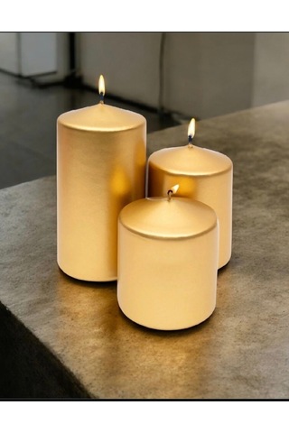 Denic 3 lü Mum Seti  Metalik Gold Blok Mum Metalik Silindir Mum Baton Mum