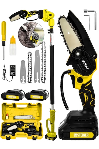 Steiner 18v Çift Akülü Çelik Şanzıman 15cm Dal Budama Testeresi Sarı + 2 Metre Teleskopik Sap