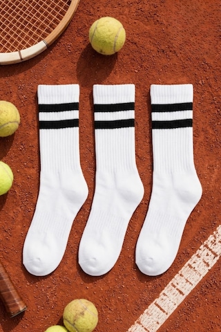 Socketta Erkek Spor Dikişsiz Havlu Taban 3'lü Beyaz Çizgili Premium Tenis Soket Çorap K.beyaz