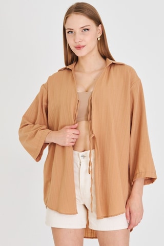 Armonika Kadın Camel Gömlek Yakalı Önden Bağcıklı Kimono Gömlek Arm-25k001006