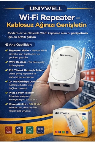 Uniywell Wi-fi Repeater 300 Mbps Kablosuz Ağ Genişletici - Çift Antenli, Wps Destekli Sinyal Güçlendirici Menzil Arttırıcı