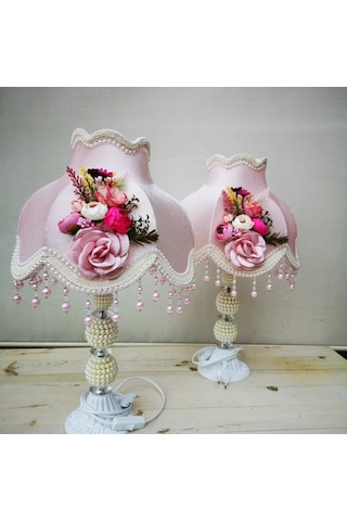 İki Adet Çiçek Dekorlu Abajur Özel Tasarım Dekoratif Eşya A200 Pembe