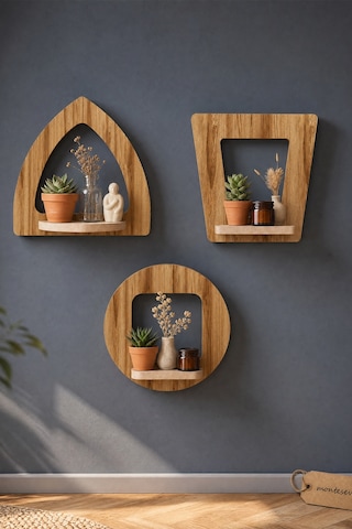 Ahşap Dekoratif Duvar Rafı 2 Li / 3 Lü Set Mtsv - 641 Açık Kahverengi