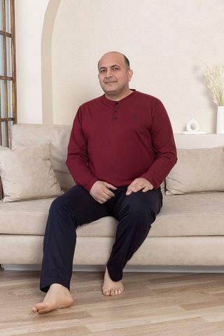 Guava Erkek Büyük Beden 3 Düğmeli %100 Pamuk Mevsimlik Uzun Kol Cepli Pijama Takımı Bordo