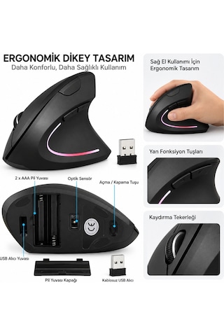 Luve Store Kablosuz Ergonomik Dikey Mouse 800/1200/1600 Dpı Ayarlanabilir 2.4 Ghz Optik Usb Alıcılı Dikey Ergonomik