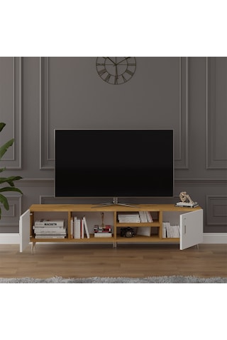 Asra Trend Tv Ünitesi T-11 %100 MDF 180 cm Tv Sehpası Dolaplı Raflı Beyaz-Petra