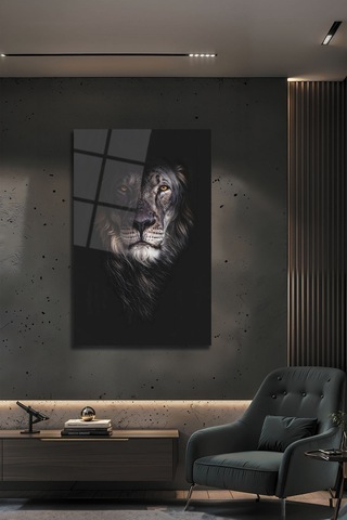 Asil Aslan Portresi Cam Tablo Temperli Parlak Cam Duvar Dekoru Hayvan Figürlü Dekoratif Duvar Tablosu, Salon, Ofis Ve Çalışma Alanı Dekoru,