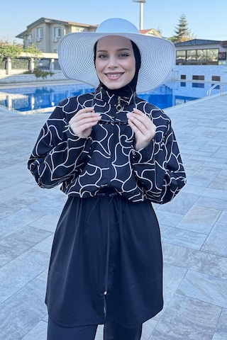 Hmm Swimwear Tam Kapalı Dokuma Tesettür Mayo T244-015 Siyah Siyah