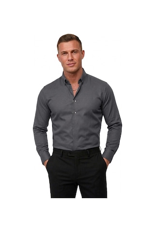 Deep Sea Deepsea Antrasit Slim Fit Likralı Kolay Ütülenebilir Gizli Düğmeli Erkek Gömlek 2602614