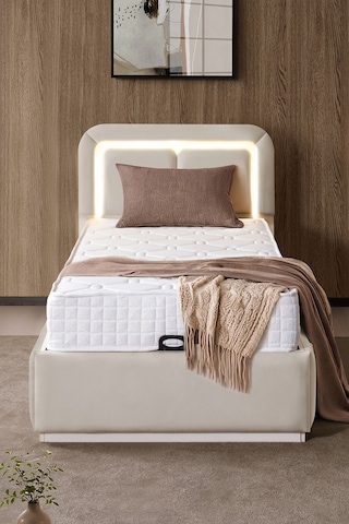 Demonte Baza Seti, Nox Ledli Tek Kişilik Baza Başlık Maxi Yatak Seti, Bej - 100x200 Cm 100 x 200