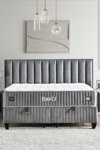 Hades Yatak Baza Ve Başlık Seti 150x200 Cm Çift Kişilik Paket Yaylı Lüks Yatak Koyu Gri Baza Başlık