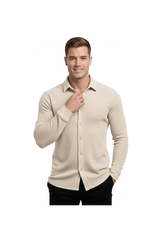 Deepsea Bej Slim Fit Örme Kumaş Likralı Erkek Gömlek Nefes Alan Esnek Ve Modern Tasarım 2602604 Bej