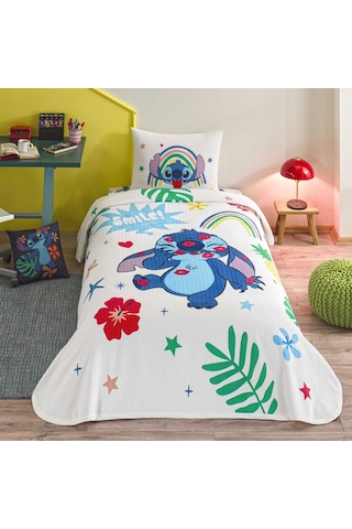 Taç Lisanslı Disney Stitch Tek Kişilik Pamuk Pike Takımı 000000001000050130 Çok Renkli