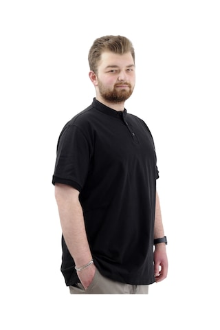 Mode Xl Büyük Beden Erkek Tişört Düğmeli Hakim Yaka T-shirt U24339 Siyah Siyah