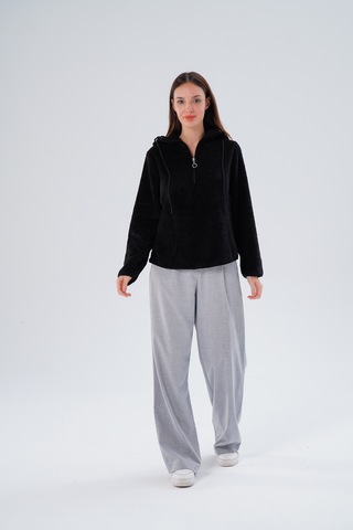 Gülmina Moda Kadın Çift Taraflı Wellsoft Yarım Fermuarlı Kapişonlu Sweat - Siyah