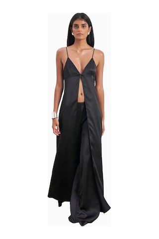 Because Of Alice Satin V Neck Longline Camisole Parlak V Yaka Saten Kadın Bluz Siyah