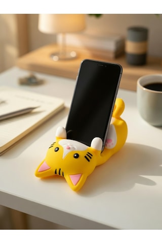 Sarı Kedi Figürlü Telefon Tutucu Stand - 3d Baskı Ofis Masaüstü Aksesuarı Ve Biblo