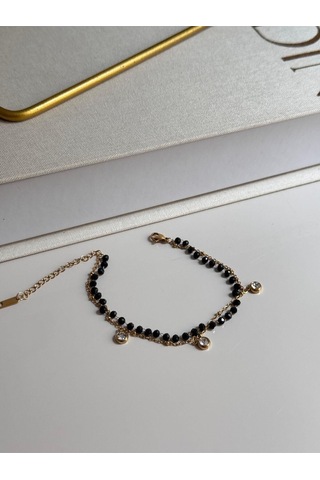 Siyah Boncuklu Sallantılı Taşlı Altın Kaplama Bileklik Altın