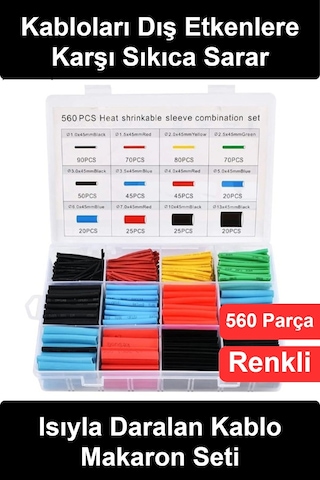 Makaron Seti 560 Parça Isıyla Daralan Kablo Koruyucu Renkli Shrink Tüp İzolasyon Yalıtım Kılıfı 12