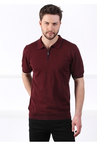 Ferraro Bordo Yaka Şerit Fermuarlı Erkek Pamuk Triko T-Shirt-Bordo