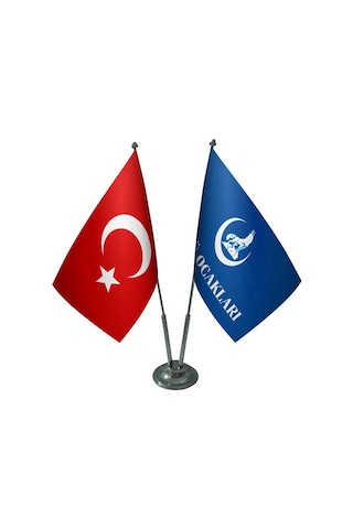 Masa Üstü Ülkü Ocakları Bayrağı Türk Bayrağı İkili Krom Direk Mas