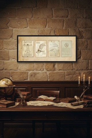 Leonardo Da Vinci Çizimleri Tablo Çerçeveli Vintage Sanat Tablosu Ofis Salon Duvar Dekoru