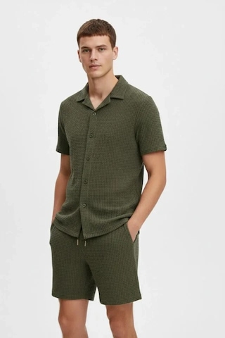 Valensdesign Erkek Waffle Kumaş Kısa Kollu Gömlek Şort Takım Regular Fit Yazlık İkili Set - Haki