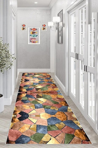 Taş Desenli Renk Bloklu Dijital Baskı Yıkanabilir Kaymaz Taban Modern Salon Halısı Karışık Renkli 100 X 150 9555 Çok Renkli