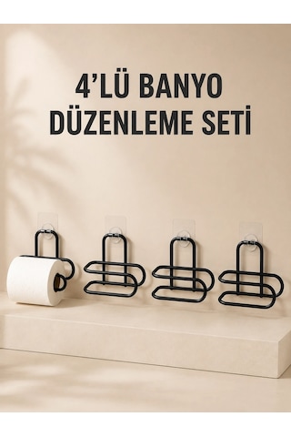 Mey İthalat 4 Adet Yapışkanlı Tuvalet Kağıdı Askısı Siyah Metal Delmeden Duvara Monte Wc Kağıtlık Çok Renkli