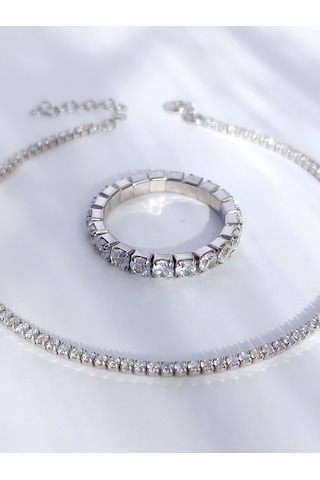 Gümüş Su Yolu Love Tasarım Bileklik Ayarlı Yüzük Kadın Set