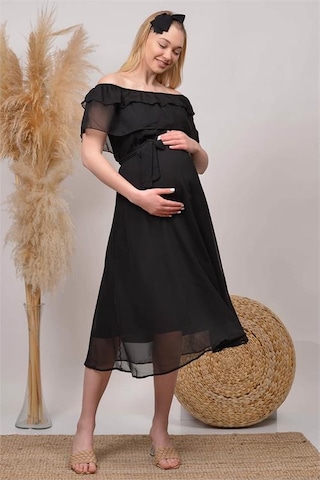 Kadın Kuşaklı Şifon Hamile Elbisesi Dphml8060 Siyah