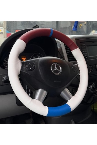 Dikişli Direksiyon Kılıfı Bordo / Mavi / Beyaz Deri Mavi Yüzük Siyah Dikişli Mercedes Sprinter Siyah